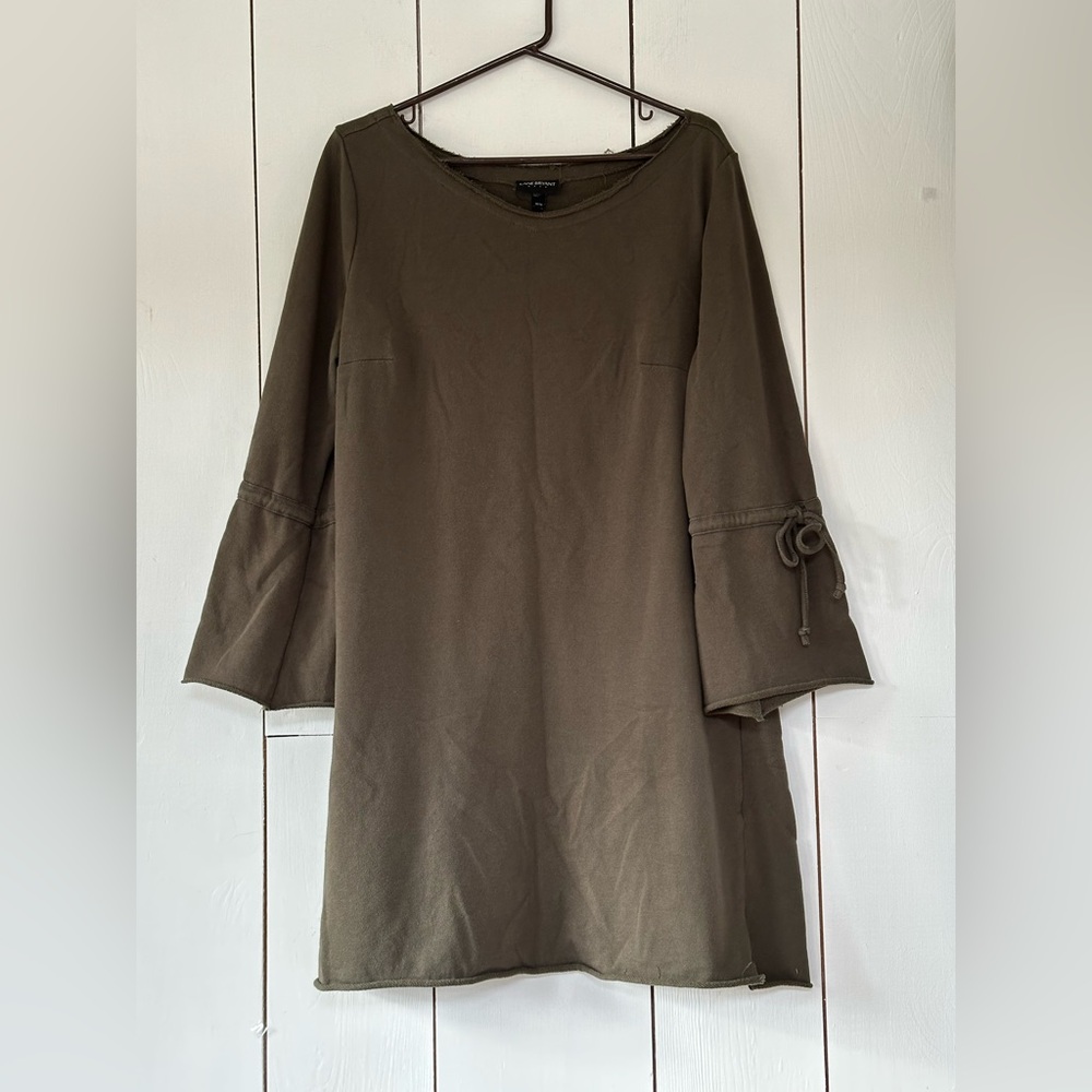 Lane Bryant Sweatshirt Dress Sz 14/16 Olive Green Raw Neckline & Hem Bell Sleeve